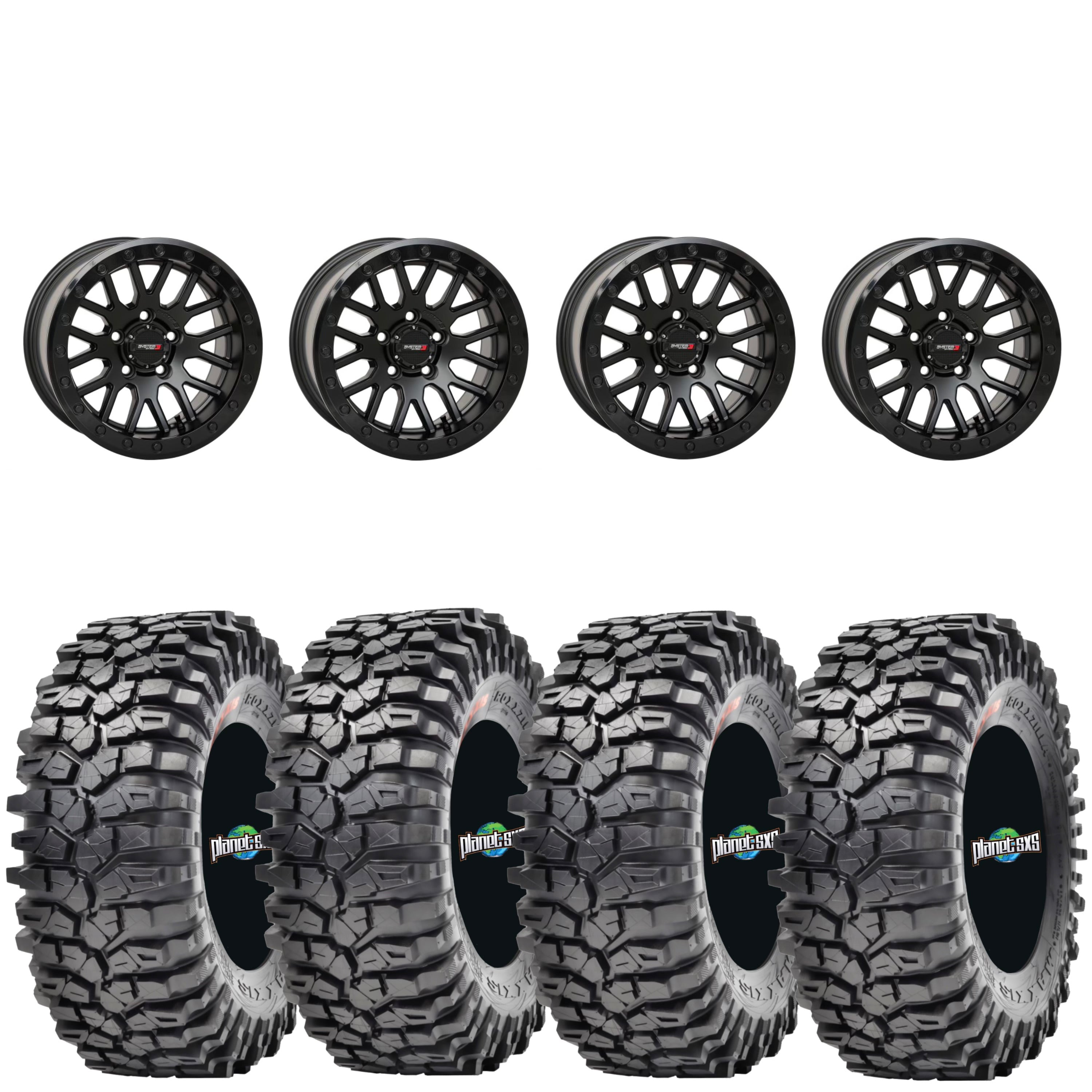 System 3 SB9 Matte Black Beadlock Wheels on Maxxis Roxxzilla Tires System 3 SB9 Matte Black Beadlock Wheels on Maxxis Roxxzilla Tires