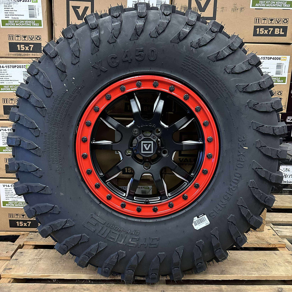 Valor Offroad V15 Satin Black w/ Red Rings Beadlock Wheels + System 3 XC450 Tires (Mounted Kit) β Satin Black Milled | 5x114.3 Bolt Pattern