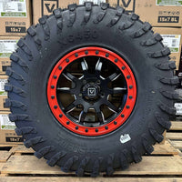 Valor Offroad V15 Satin Black w/ Red Rings Beadlock Wheels + System 3 XC450 Tires (Mounted Kit) β Satin Black Milled | 5x114.3 Bolt Pattern