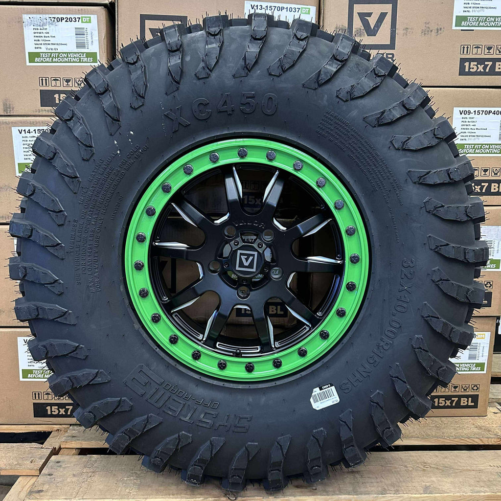 Valor Offroad V15 Satin Black w/ Kawasaki Green Rings Beadlock Wheels + System 3 XC450 Tires (Mounted Kit) β Satin Black Milled | 5x114.3 Bolt Pattern