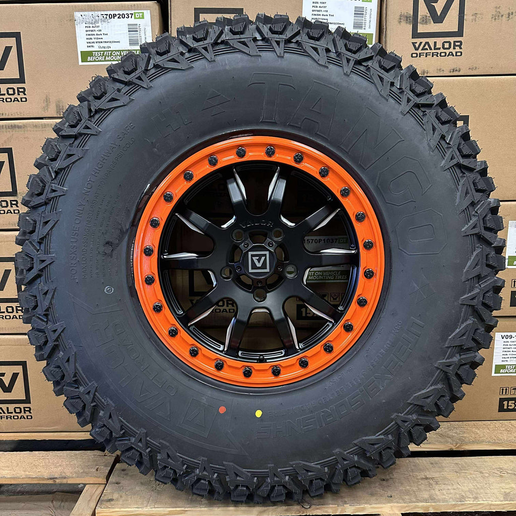 Valor Offroad V15 Satin Black w/ Orange Rings Beadlock Wheels + System 3 XC450 Tires (Mounted Kit) β Satin Black Milled | 5x114.3 Bolt Pattern