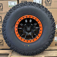 Valor Offroad V15 Satin Black w/ Orange Rings Beadlock Wheels + System 3 XC450 Tires (Mounted Kit) β Satin Black Milled | 5x114.3 Bolt Pattern