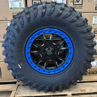 Valor Offroad V15 Satin Black w/ Blue Rings Beadlock Wheels + System 3 XC450 Tires (Mounted Kit) β Satin Black Milled | 5x114.3 Bolt Pattern