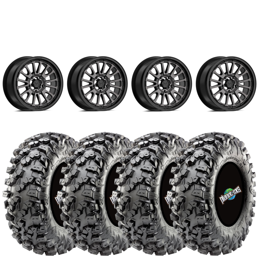 Valor V14 Dark-Tint 14x7 5+2 4X156 on Maxxis Carnivore RT 32x10-14 8-ply