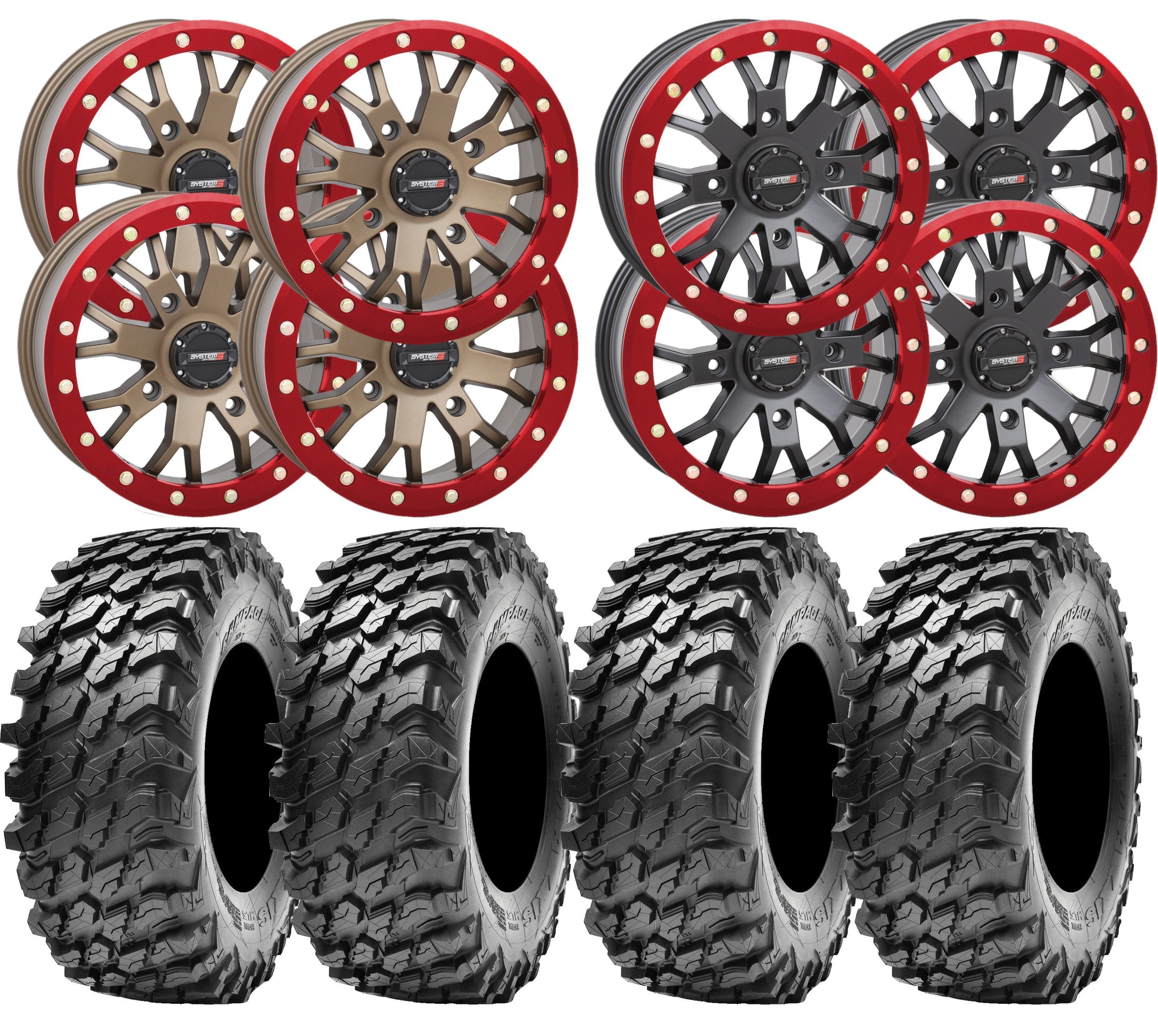 System3 SB and Maxxis Rampage UTV Wheel and Tire Kit w/ custom Red R – 