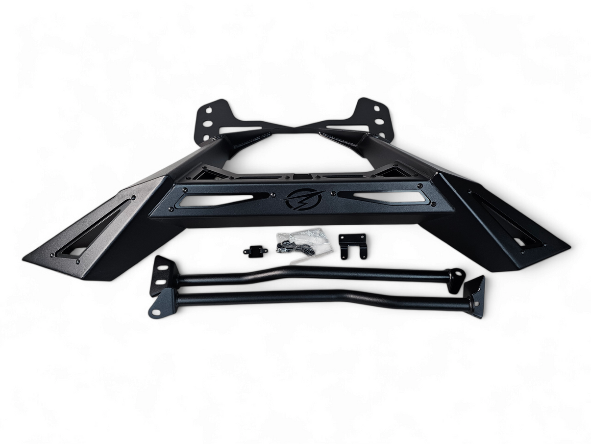 Can-Am Maverick R Rear Volt Bumper unboxed showing steel bumper, bolt-on mounting brackets, and complete hardware kit before installation