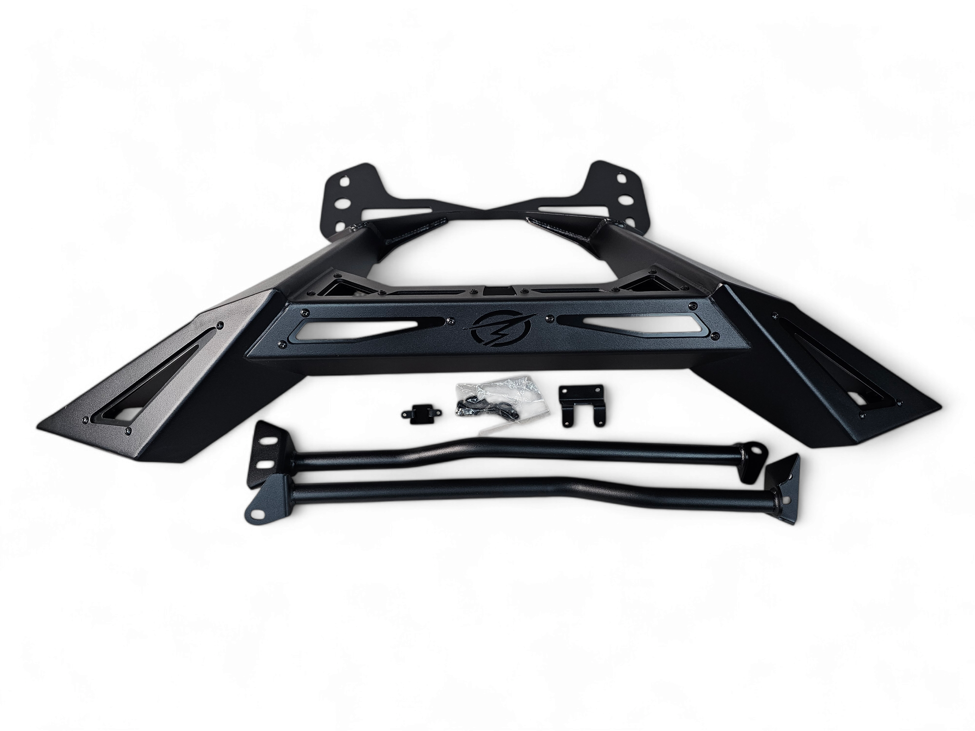 Can-Am Maverick R Rear Volt Bumper unboxed showing steel bumper, bolt-on mounting brackets, and complete hardware kit before installation