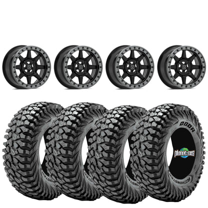 Valor V13 Satin Black Beadlock Wheels + Obor Roc Scraper Tires (Mounted Kit) – Fits UTVs with 5/4.5 Bolt Pattern