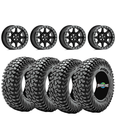 Valor V13 Satin Black Beadlock Wheels + Obor Roc Scraper Tires (Mounted Kit) – Fits UTVs with 5/4.5 Bolt Pattern