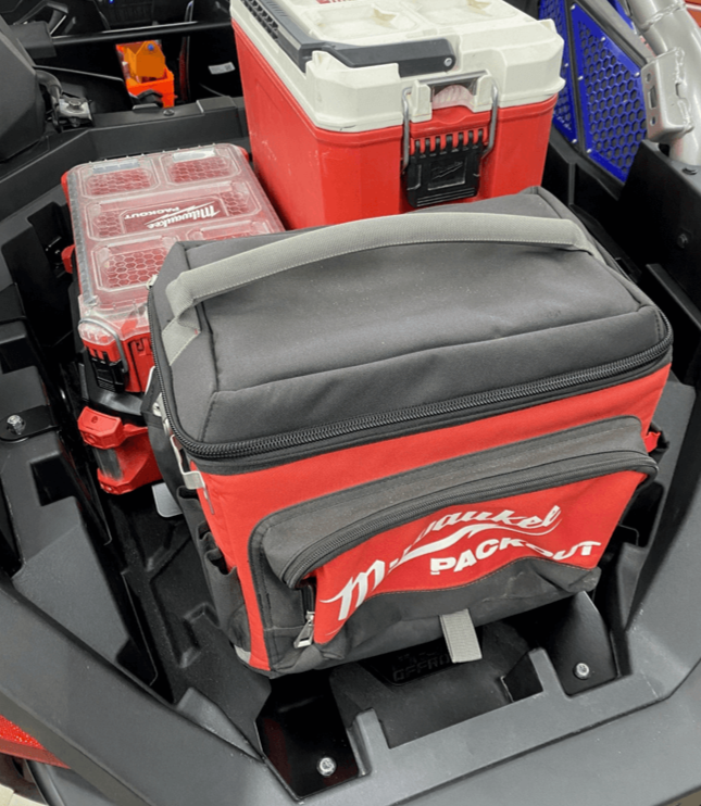 Polaris RZR PRO R Packout Mount by AJK Offroad Installed with Several Packout Kits Back View