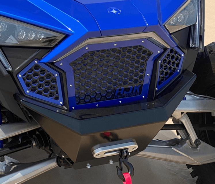 Polaris RZR Grill by AJK Offroad Blue Grill Side Close Up Installed
