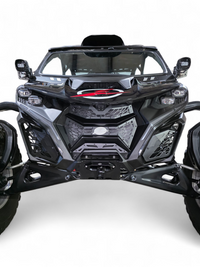 2024 Can-Am Maverick R fitted with Volt 3-Piece Grille in hammer black powder coat
    finish, full front view on a desert trail showing contour-matched fitment and
    billet aluminum badge detail