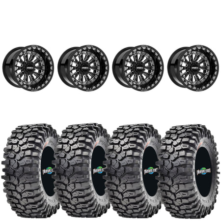 Metal FX Slayer Beadlock Wheels + Maxxis Roxxzilla Tires (Mounted Kit) – Gloss Black/Contrast Cut | Fits UTVs with 4x156 Bolt Pattern