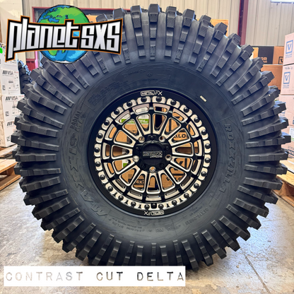 Metal FX Delta Beadlocks Satin Black/Contrast Cut + Maxxis Roxxzilla Tires (Mounted UTV Kit) | PlanetSXS