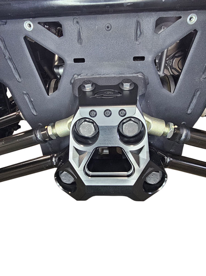 Side view of black anodized Can-Am Maverick R billet radius rod plate installed
