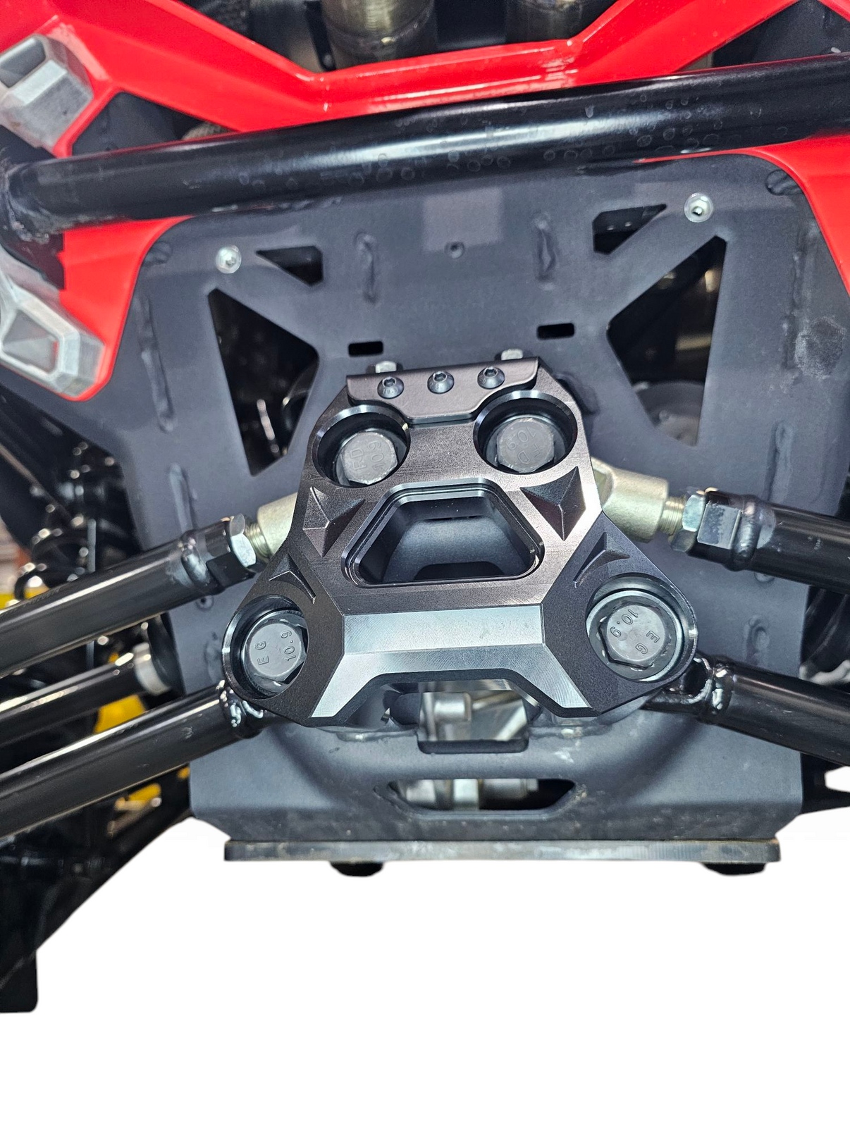 Can-Am Maverick R billet radius rod plate tow hook recovery point in use