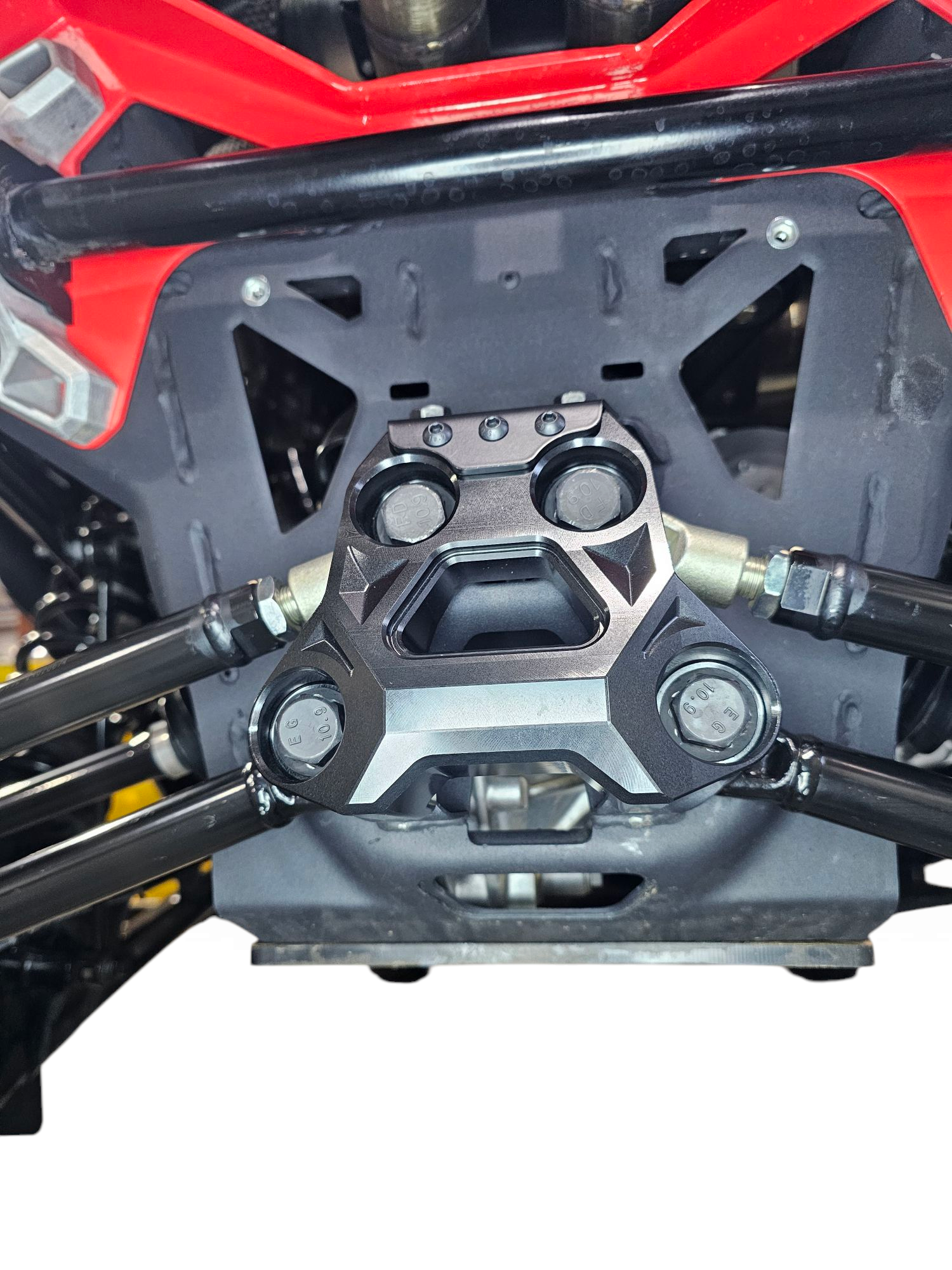Can-Am Maverick R billet radius rod plate tow hook recovery point in use