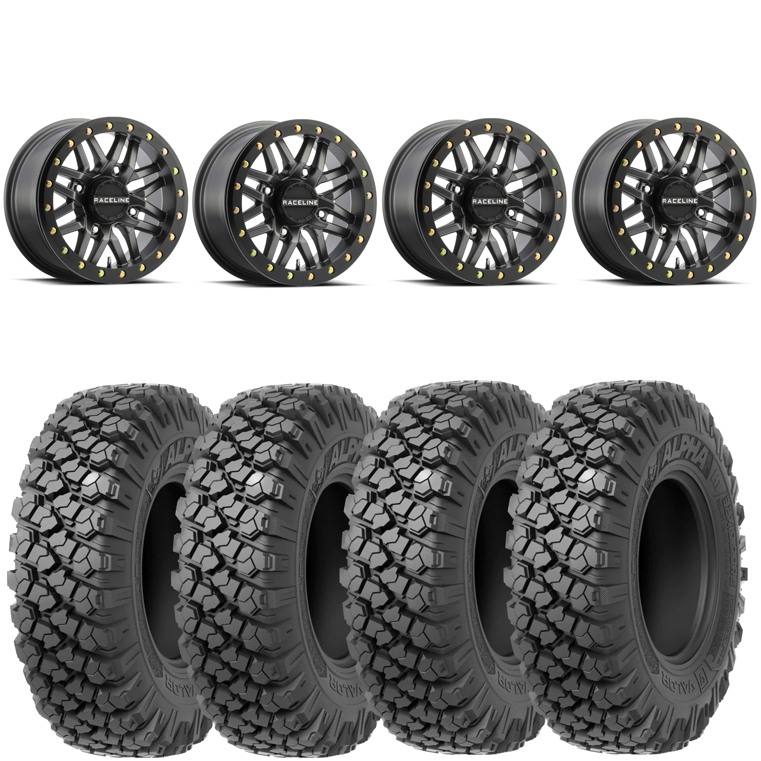 Raceline Ryno beadlock mounted on Valor Alpha tires Set of 4