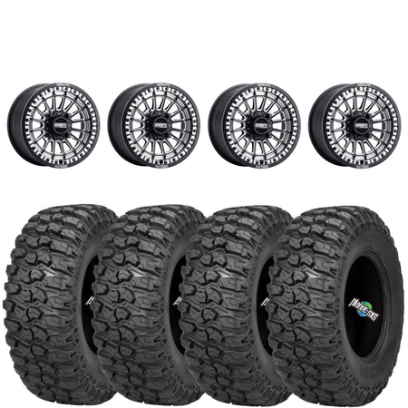 Metal FX Delta Beadlock Wheels (Black Contrast Cut) on Sedona Trail Saw Tires – UTV Wheel & Tire Kit