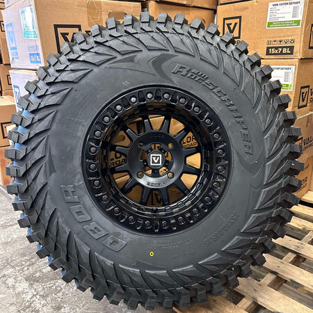 Valor V09 Beadlocks Satin Black 15x10 6/5.5 mounted on Obor RocScrapers Can Am Maverick R