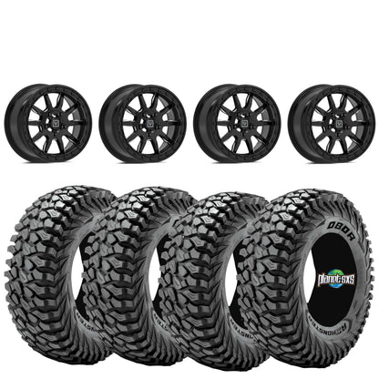 Valor V15 Black Beadlock Wheels + Journey Rock Poison tires (Mounted Kit) – Fits UTVs with 5/4.5 Bolt Pattern