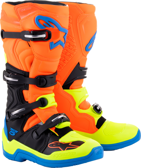Alpinestars Tech 5 Boots Blue/Orange/Yellow Fluo Size 6 - Advanced Motocross Footwear