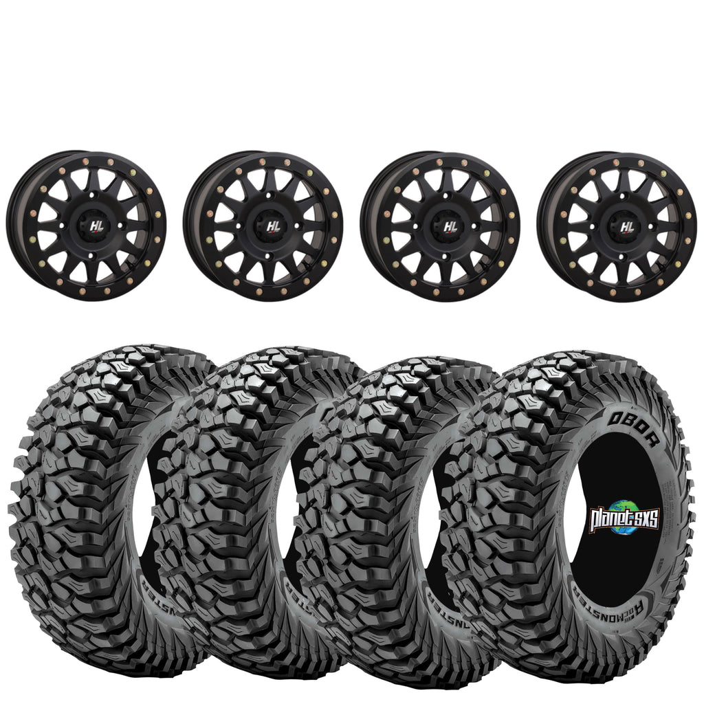 High Lifter HLA1 Matte Black Beadlock Wheels on Obor RocScraper Tires – 4/137 UTV Wheel & Tire Kit