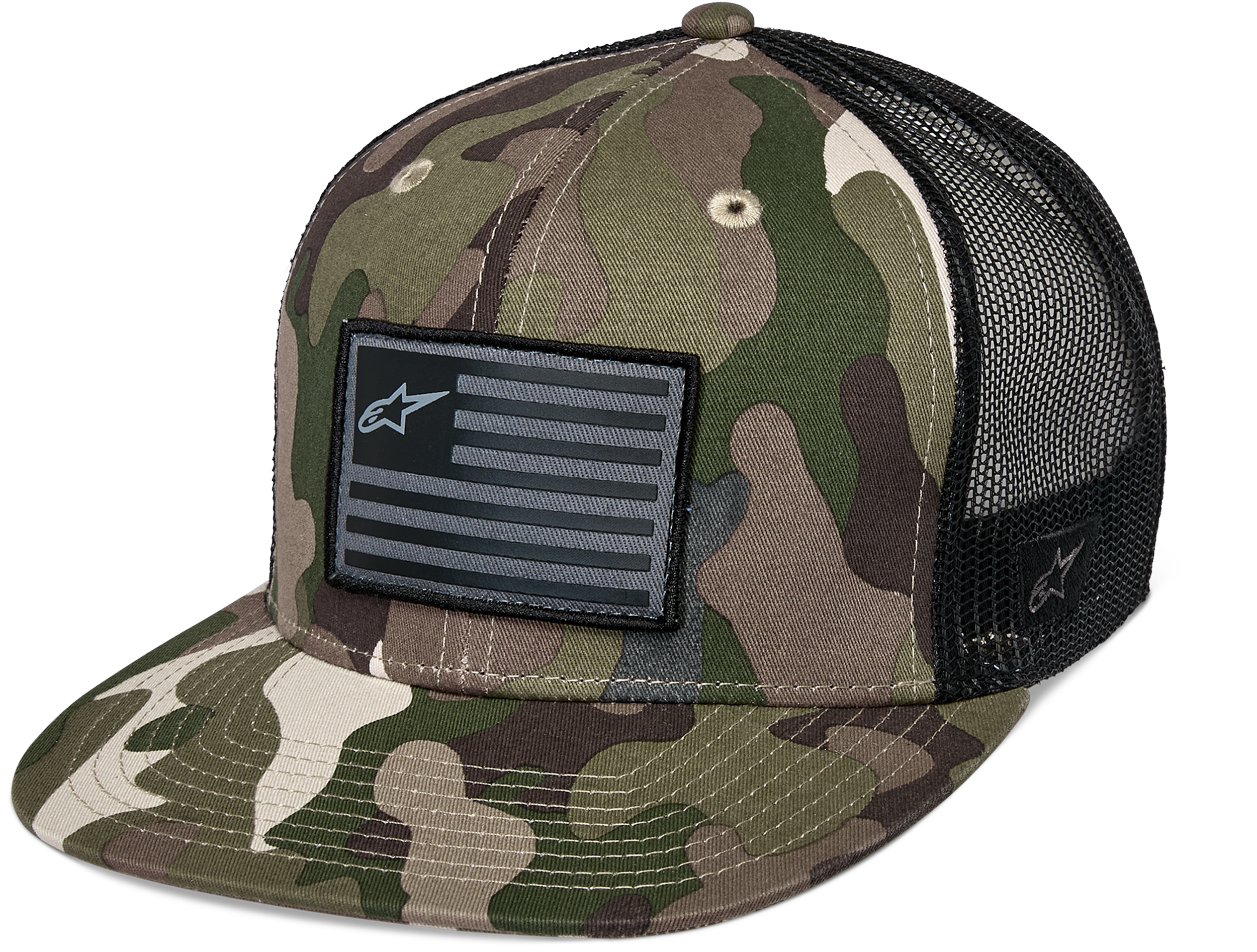Flag Flat Trucker Hat Green Camo/ Black