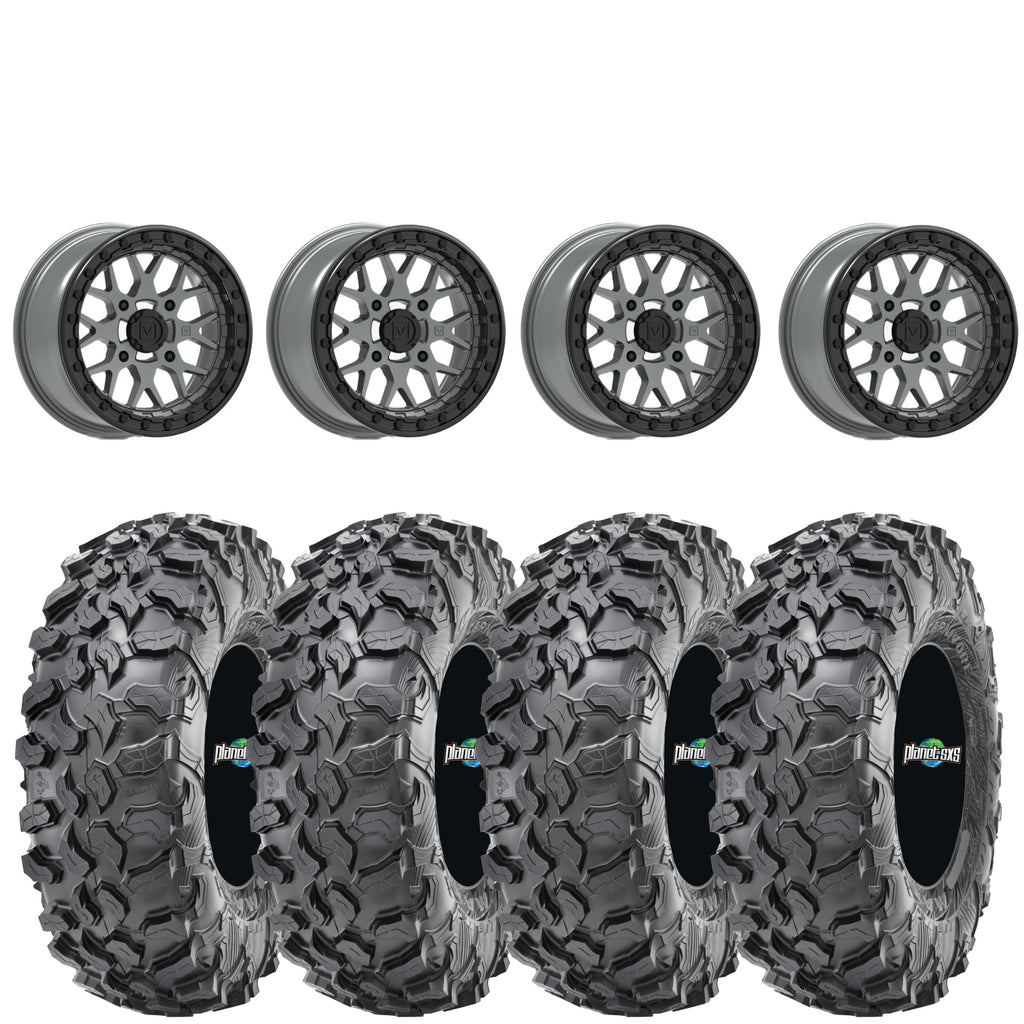 Valor V07 Satin Gaphite Beadlock Wheels + Maxxis Carnivore Tires (Mounted UTV Kit) | 4/137 Bolt Pattern PlanetSXS