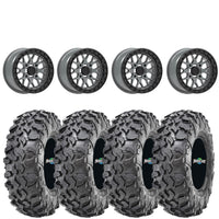 Valor V07 Satin Gaphite Beadlock Wheels + Maxxis Carnivore Tires (Mounted UTV Kit) | 4/137 Bolt Pattern PlanetSXS