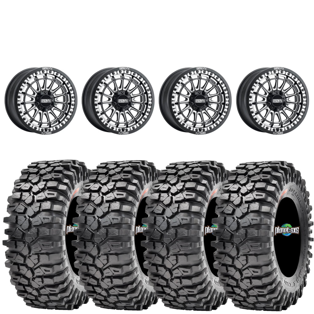 Metal FX Delta Beadlocks Satin Black/Contrast Cut + Maxxis Roxxzilla Tires (Mounted UTV Kit) | PlanetSXS