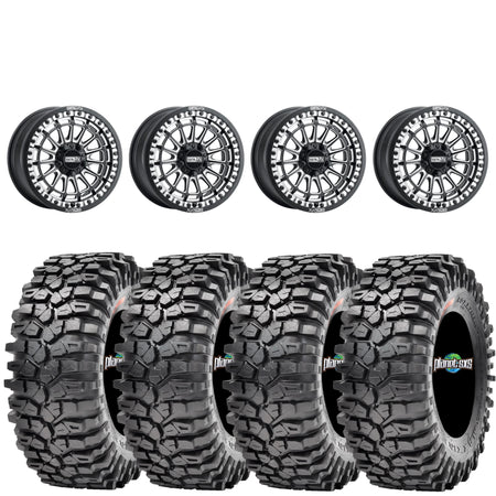 Metal FX Delta Beadlocks Satin Black/Contrast Cut + Maxxis Roxxzilla Tires (Mounted UTV Kit) | PlanetSXS