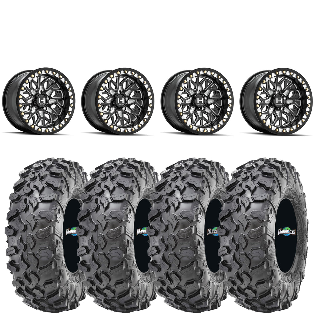 Hostile Glamis H333 Beadlock Wheels (Blade Cut) on Maxxis Carnivore Tires – UTV Wheel & Tire Kit