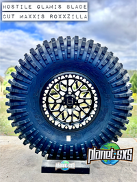 Hostile Glamis Beadlock Wheels (Blade Cut) on Maxxis Roxxzilla Tires – UTV Wheel & Tire Kit