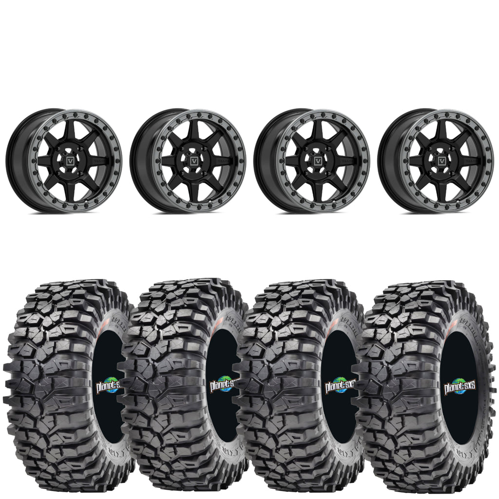 Valor V13 Satin Black Beadlock Wheels + Maxxis Roxxzilla Tires (Mounted Kit) – 15x7 | 5x4.5 Bolt Pattern | Fits RZR Pro R, Turbo R, Ranger 1500, Xpedition