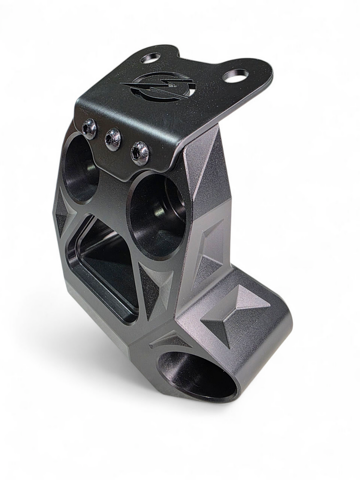 Installed black billet radius rod plate on Can-Am Maverick R showing clean fitment