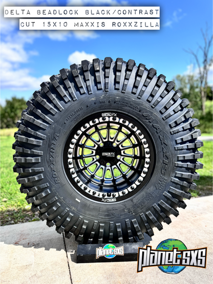 Metal FX Delta 15x10 Beadlock Wheels (Black Contrast Cut) on Maxxis Roxxzilla Tires – Ultimate Rock Crawling Combo