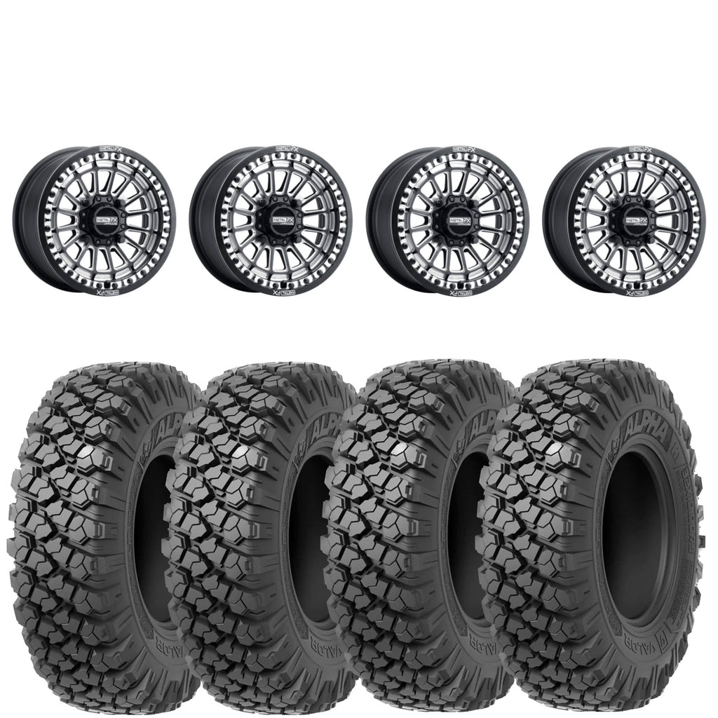 Metal FX Delta Beadlock Wheels (Black Contrast Cut) on Valor Offroad Alpha Tires – UTV Wheel & Tire Kit