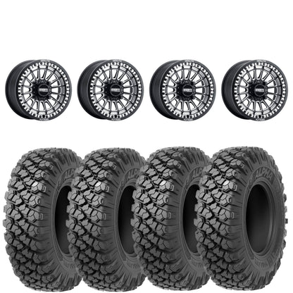Metal FX Delta Beadlock Wheels (Black Contrast Cut) on Valor Offroad Alpha Tires – UTV Wheel & Tire Kit