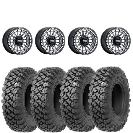 Metal FX Delta Beadlock Wheels (Black Contrast Cut) on Valor Offroad Alpha Tires – UTV Wheel & Tire Kit