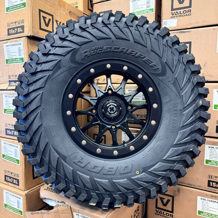 Frontline 223 beadlocks matte black mounted on Obor Roc Scrapers