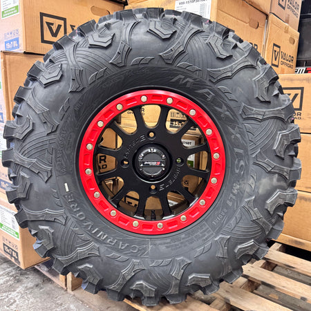 System 3 SB5 RED Beadlock Wheel and Maxxis Carnivore Tire Kit