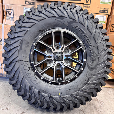 MSA Fang Satin BLK W/ Titanium Tint 4/110 ON Journey Rock Poison tires  Yamaha CF Moto