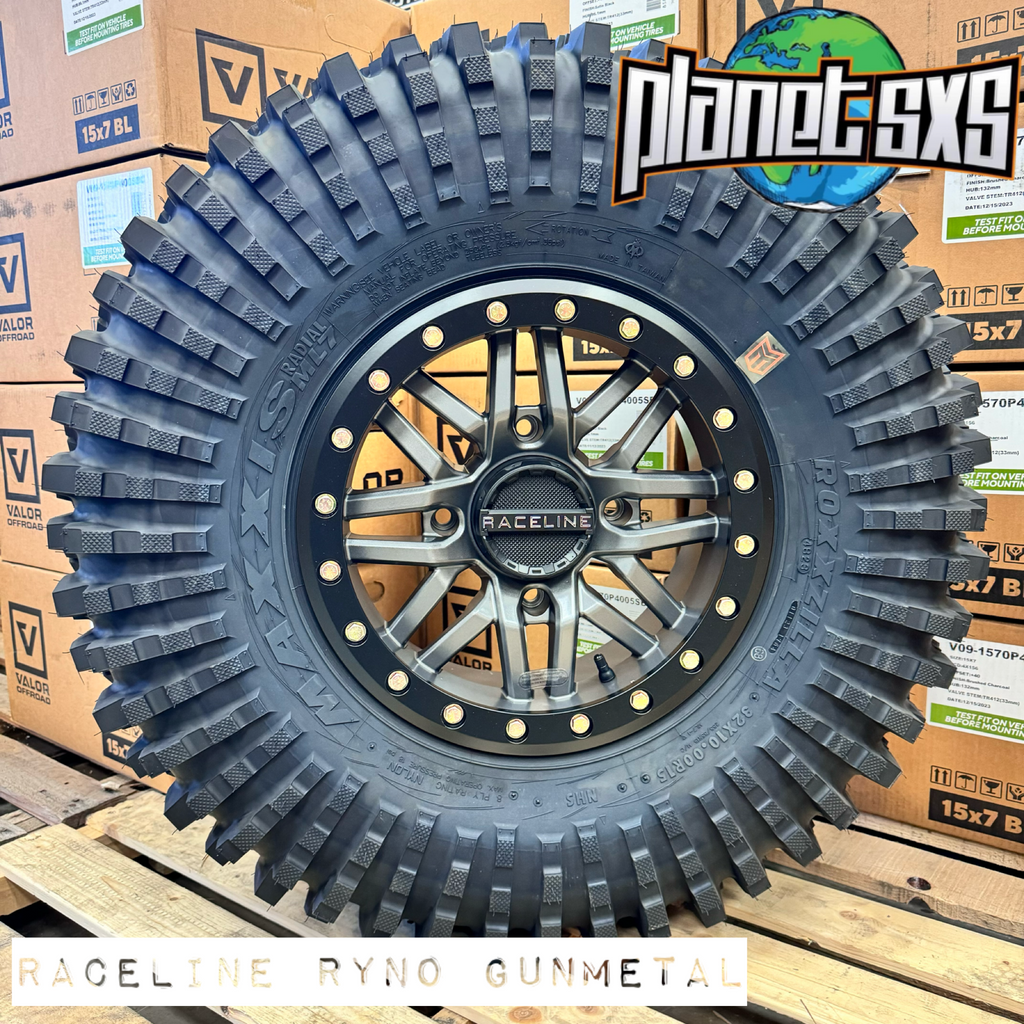 Raceline Ryno Beadlock Wheels + Maxxis Roxxzilla Tires (Mounted Kit)