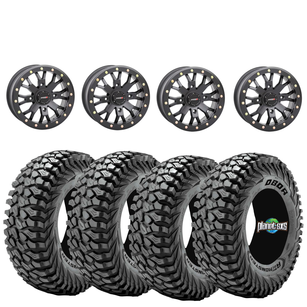 System 3 SB4 Beadlock Wheels + Obor RocScraper Tires (Mounted Kit) – Matte Black | Fits UTVs with 4x156 Bolt Pattern