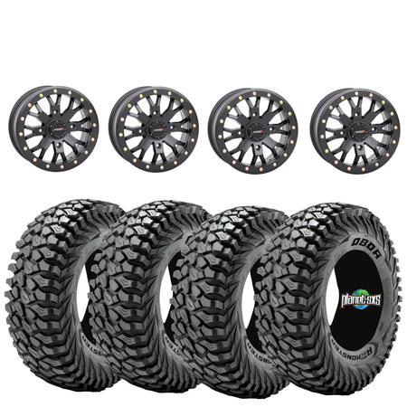 System 3 SB4 15x10 Matte Black Beadlock Wheels + Journey Rock Poison tires (Mounted Kit) – 4x137 | Fits Can-Am X3, Commander, Honda Talon