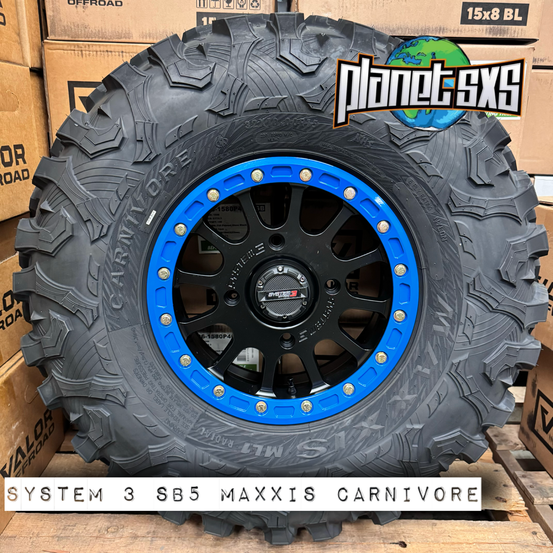 System 3 SB5 PlanetSXS BLUE Beadlock Wheel and Maxxis Carnivore Tire K