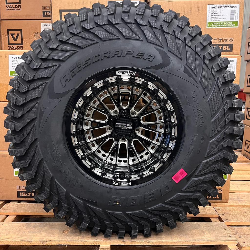 Metal FX Slayer R Beadlock (15x10) Gloss Black/Machined on Journey Rock Poison tires – 5x4.5 Bolt Pattern