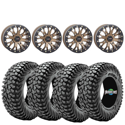 System 3 SB4 15x10 Bronze Beadlock Wheels + Journey Rock Poison tires (Mounted Kit) – 4x137 | Fits Can-Am X3, Commander, Honda Talon | Wide Stance Setup
