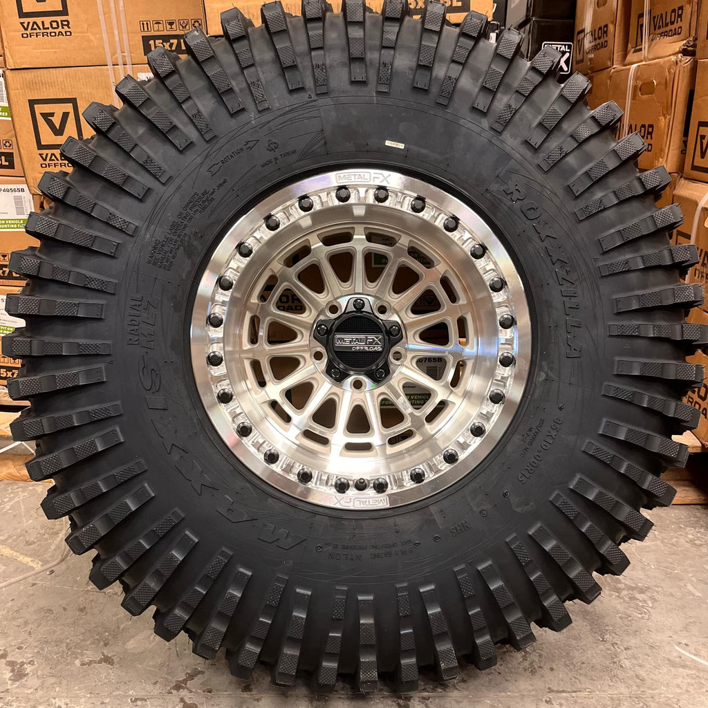 Metal FX Delta R 15x10 Raw Machined Beadlocks on Maxxis Roxxzilla Tires – Mounted UTV Kit | 5/4.5 Bolt Pattern